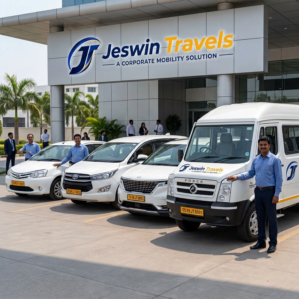 Chauffeur-driven executive luxury car arriving at a corporate tech park in Hyderabad, showcasing professional business travel services by Jesvin Travels.