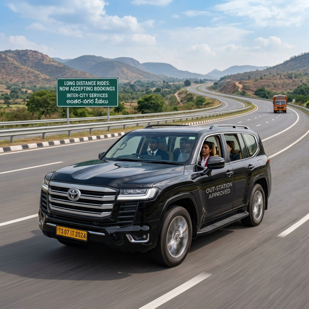 A well-maintained multi-utility tour vehicle cruising smoothly on an open national highway for an outstation road trip from Hyderabad.