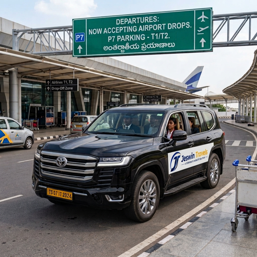 A neat, clean commercial sedan arriving at the Rajiv Gandhi International Airport departure ramp in Hyderabad for a passenger flight drop-off.